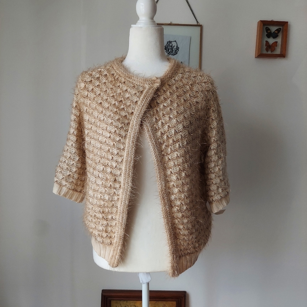 NWT Mystree Gold Ivory Cream Chunky Knit Furry Cardigan Women's Size M